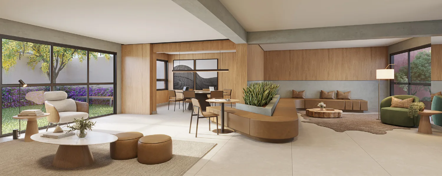Coworking com vista para o jardim