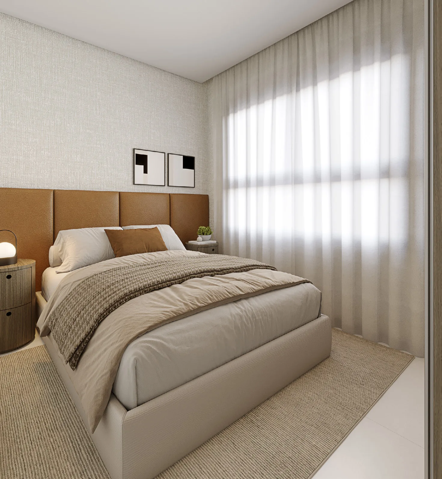 Quarto decorado com cama de casal