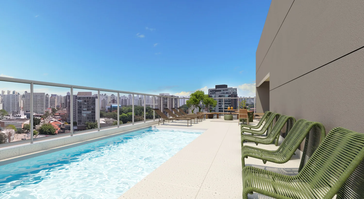 Piscina e solário com vista da cidade