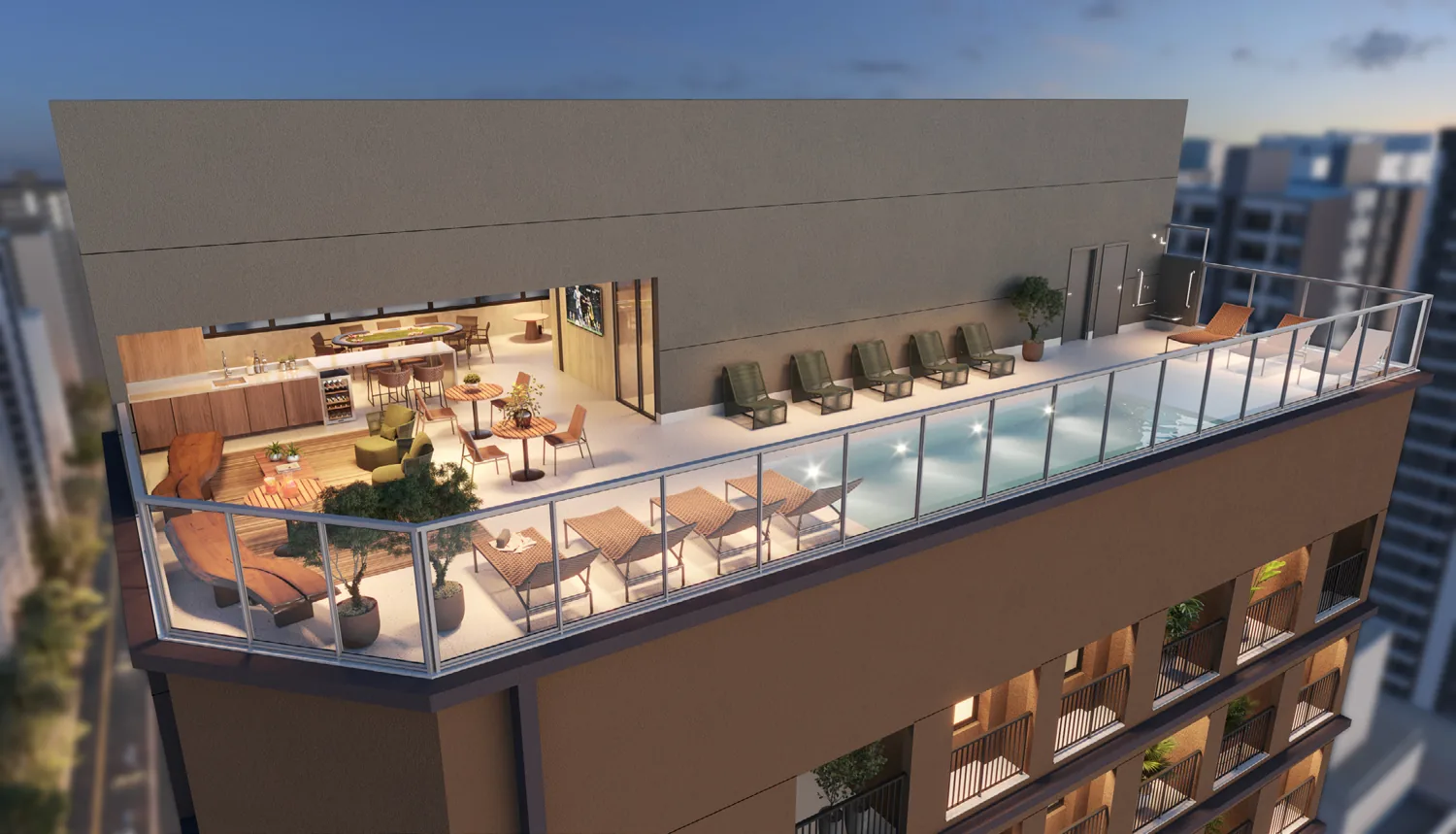 Rooftop com piscina visto de cima